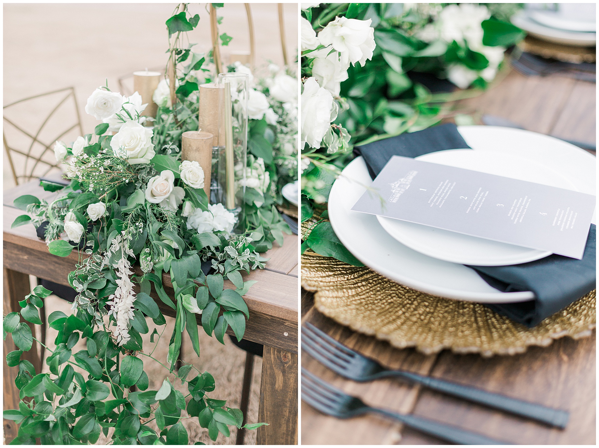 Black and White Wedding Details with Greenery