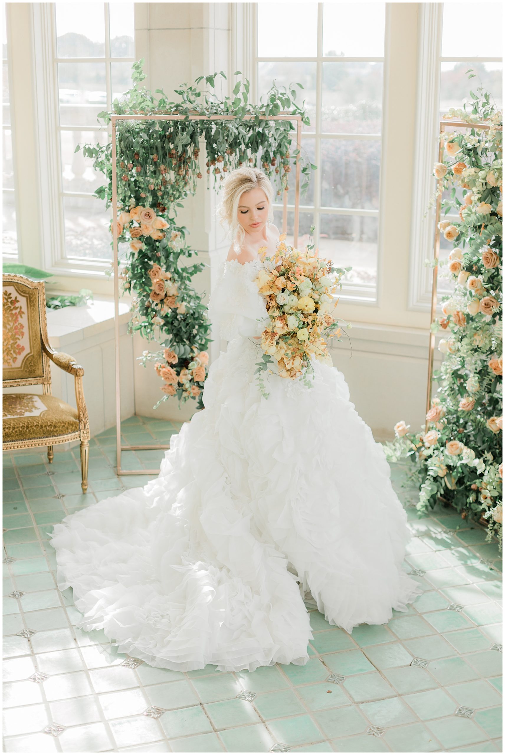 yellow florals and ruffled wedding dress