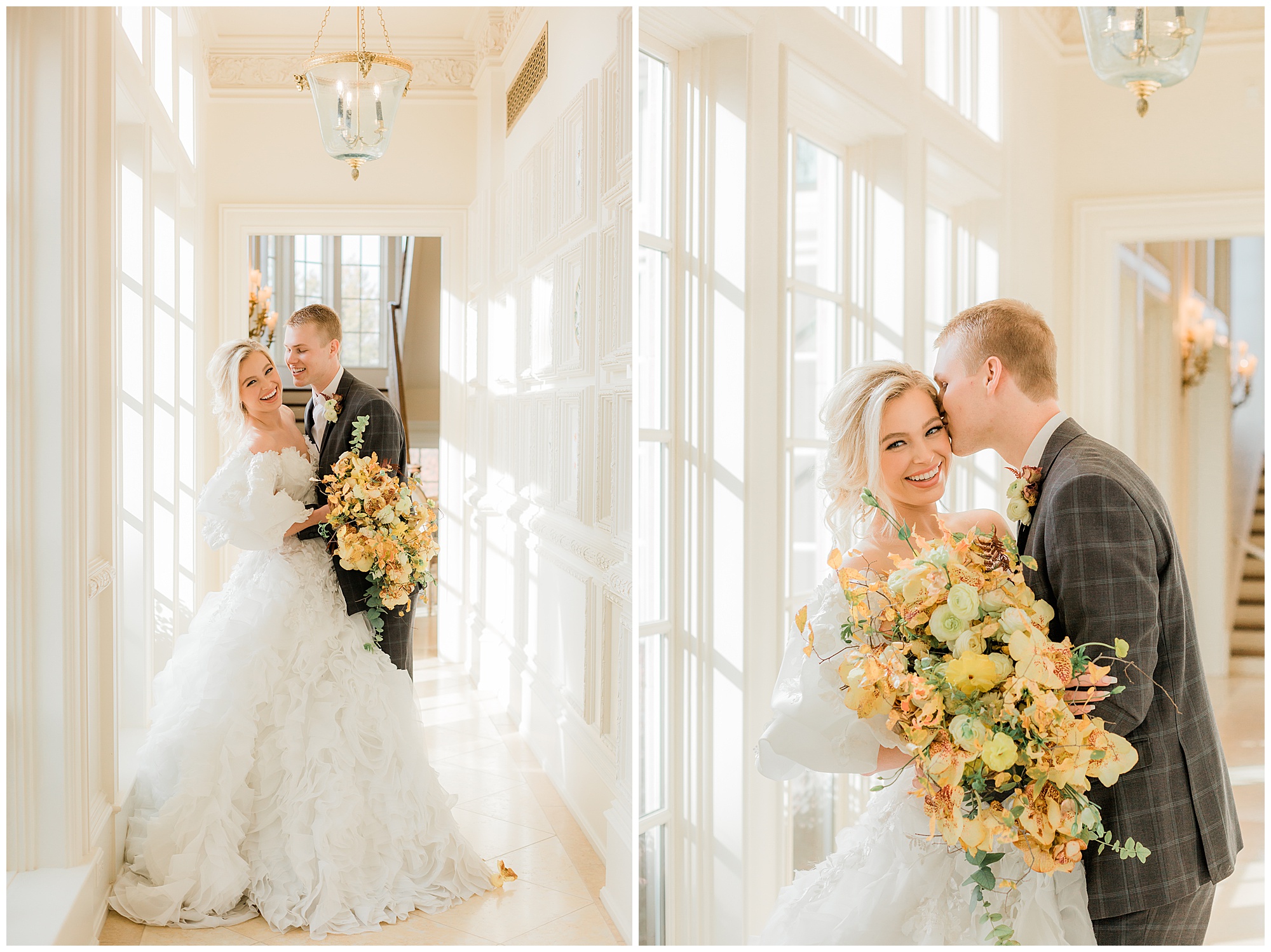 bride and groom posing in light white hallway
