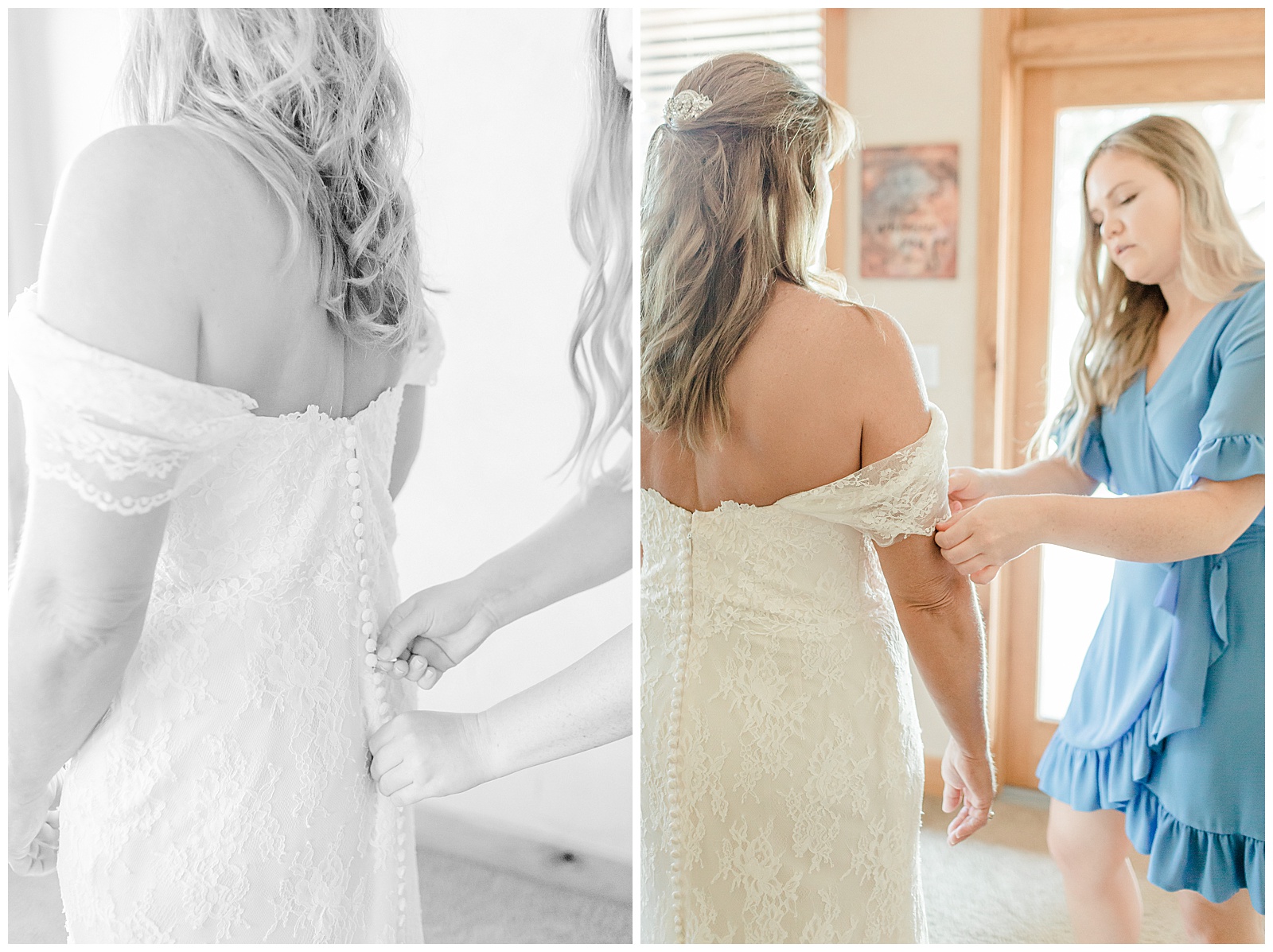 daughter helping mom in wedding dress