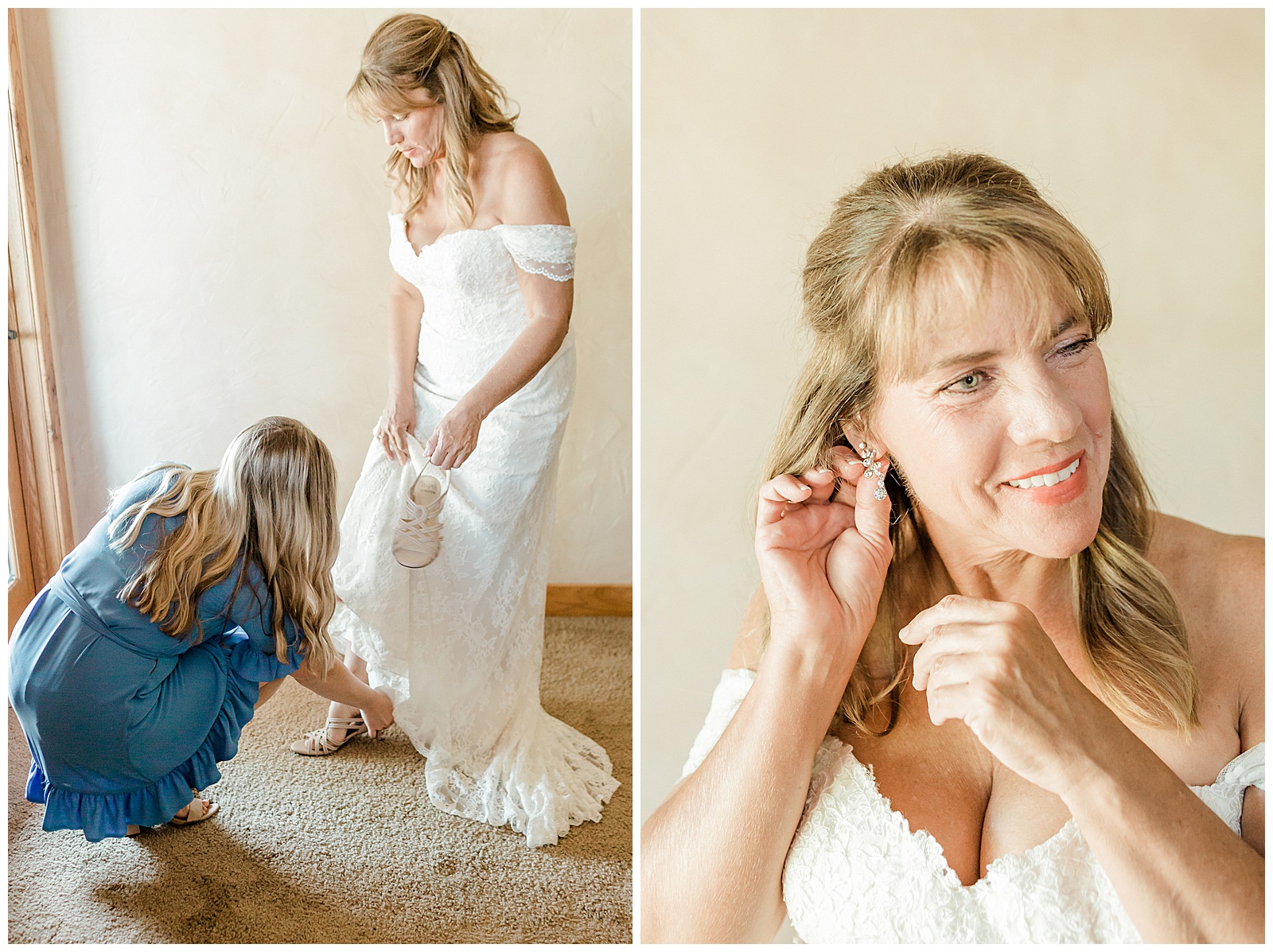 daughter helping mom into wedding dress