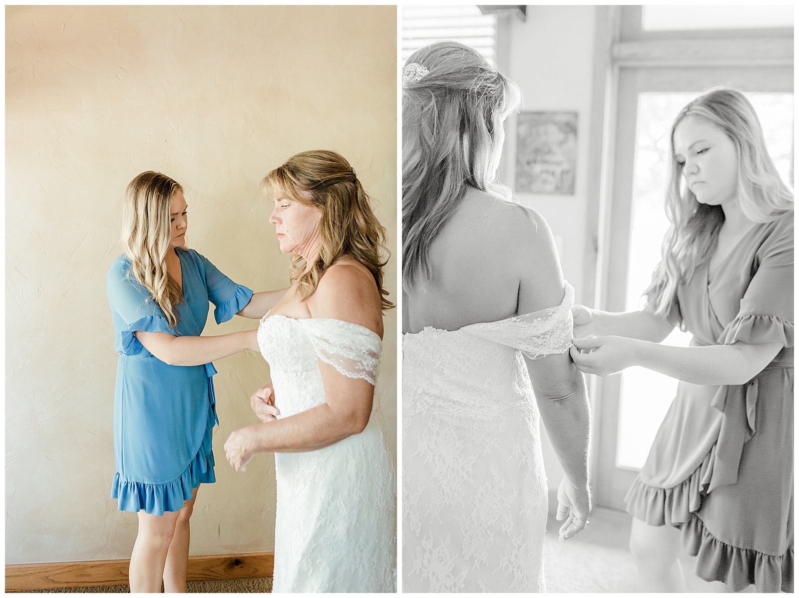 daughter helping mom get into wedding dress