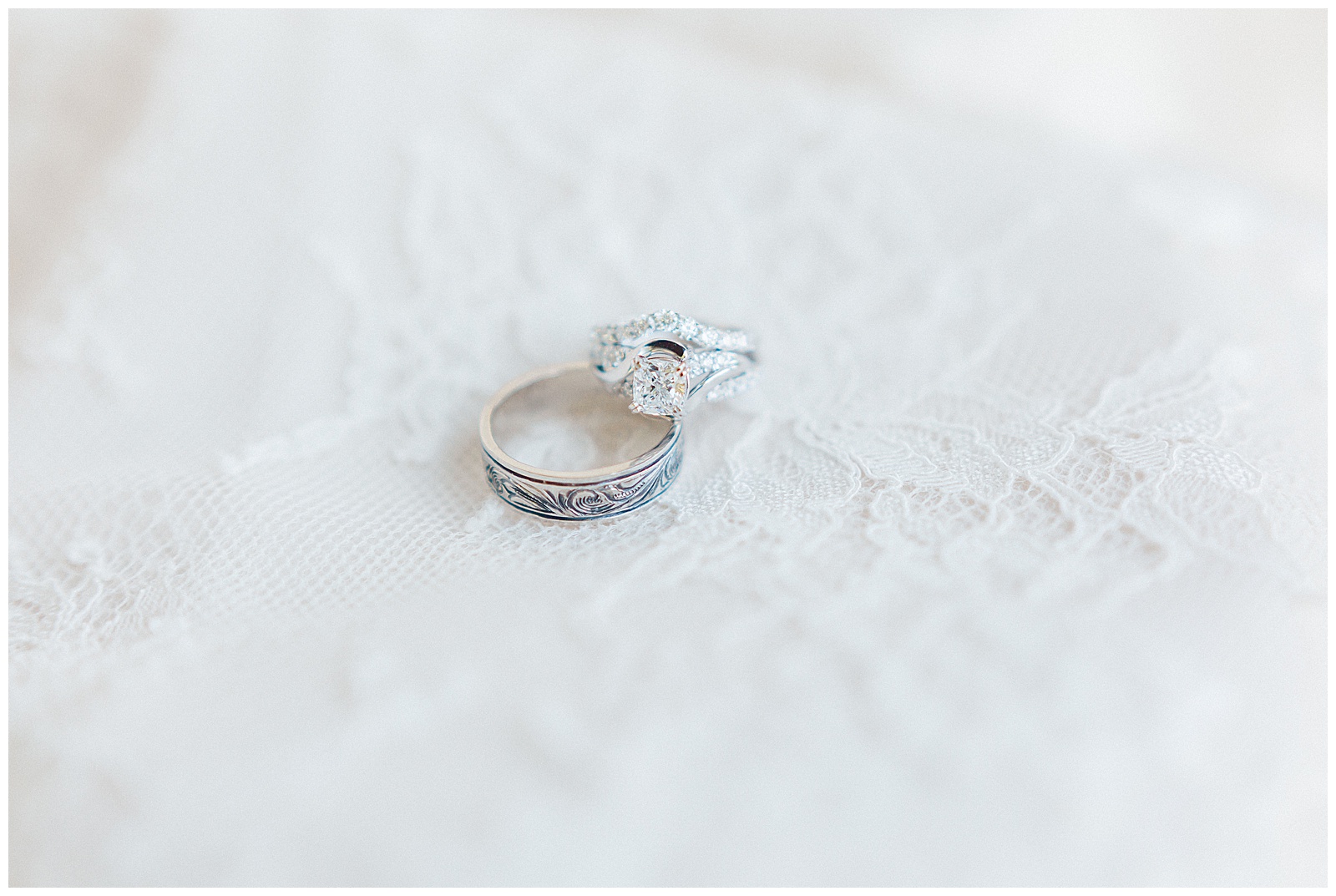 wedding ring on lace dress detail shot