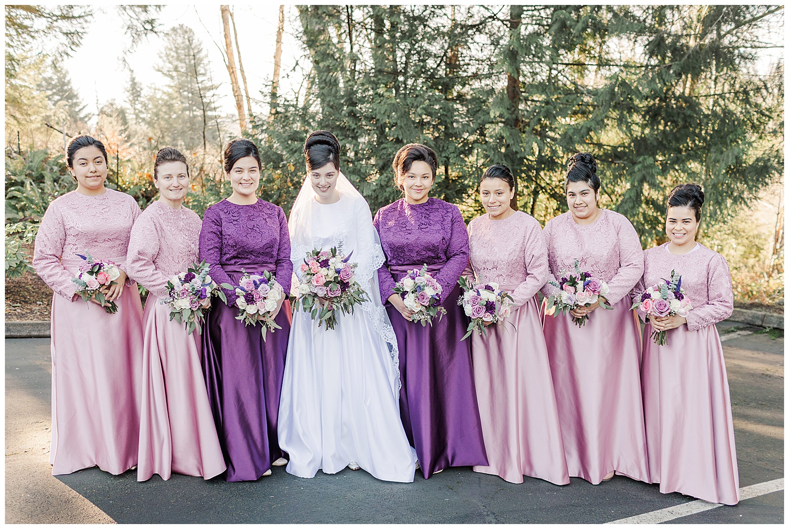 Bride and bridesmaids posing in Seattle Washington