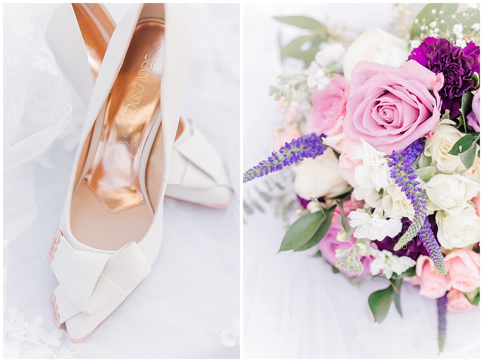 White bridal shoes with blush and lavender bouquet
