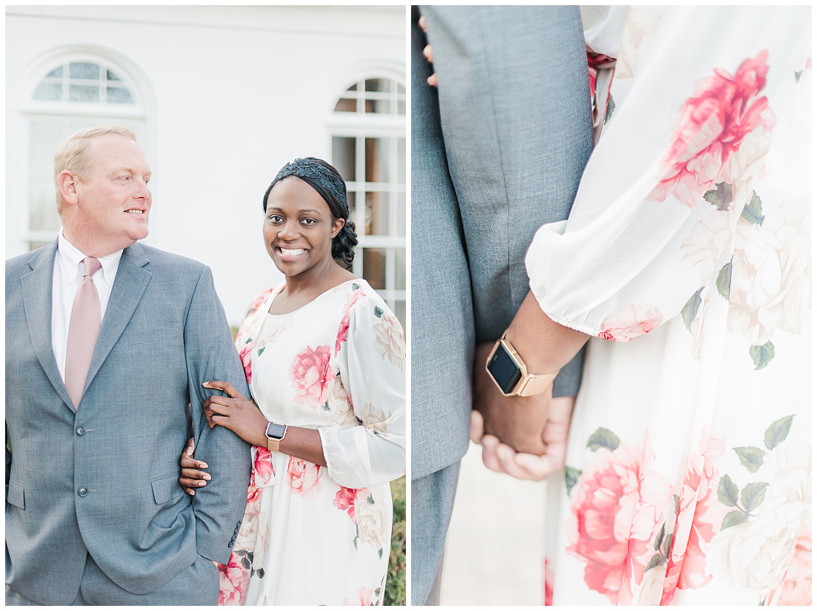 Couple holding hands and smiling during engagement session