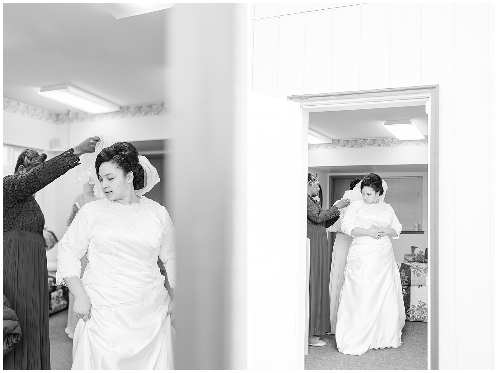 Mother of bride and maid of honor helping bride get dressed