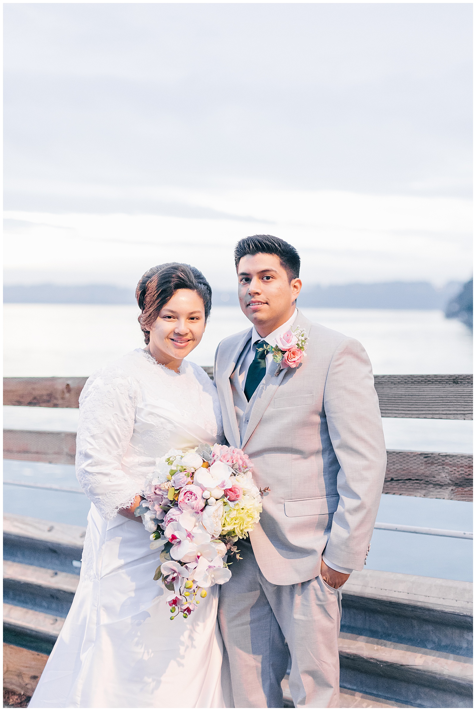 Bride and groom portrait at Tahlequah Ferry Terminal