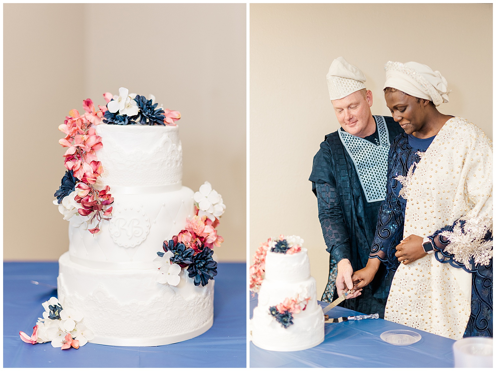 Bride and groom cutting cake at Nigerian reception