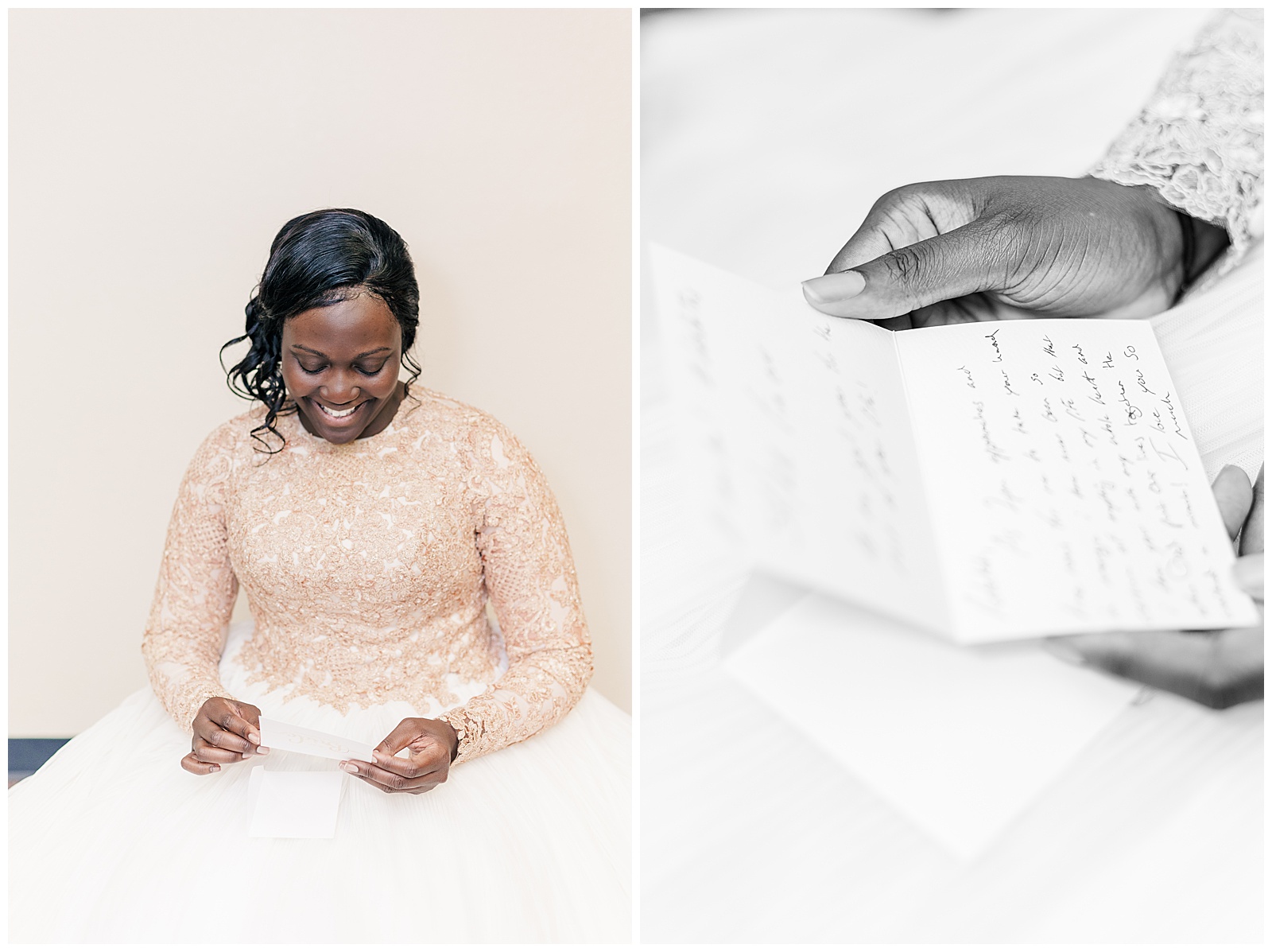 Bride reading letter from groom on wedding day