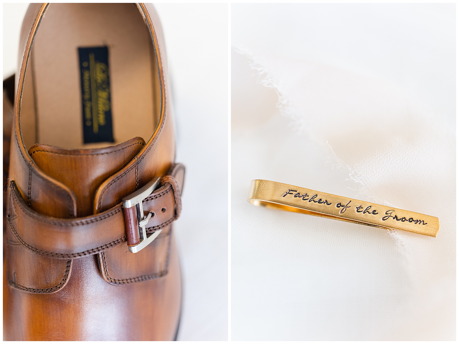 groom shoes and tie clip details