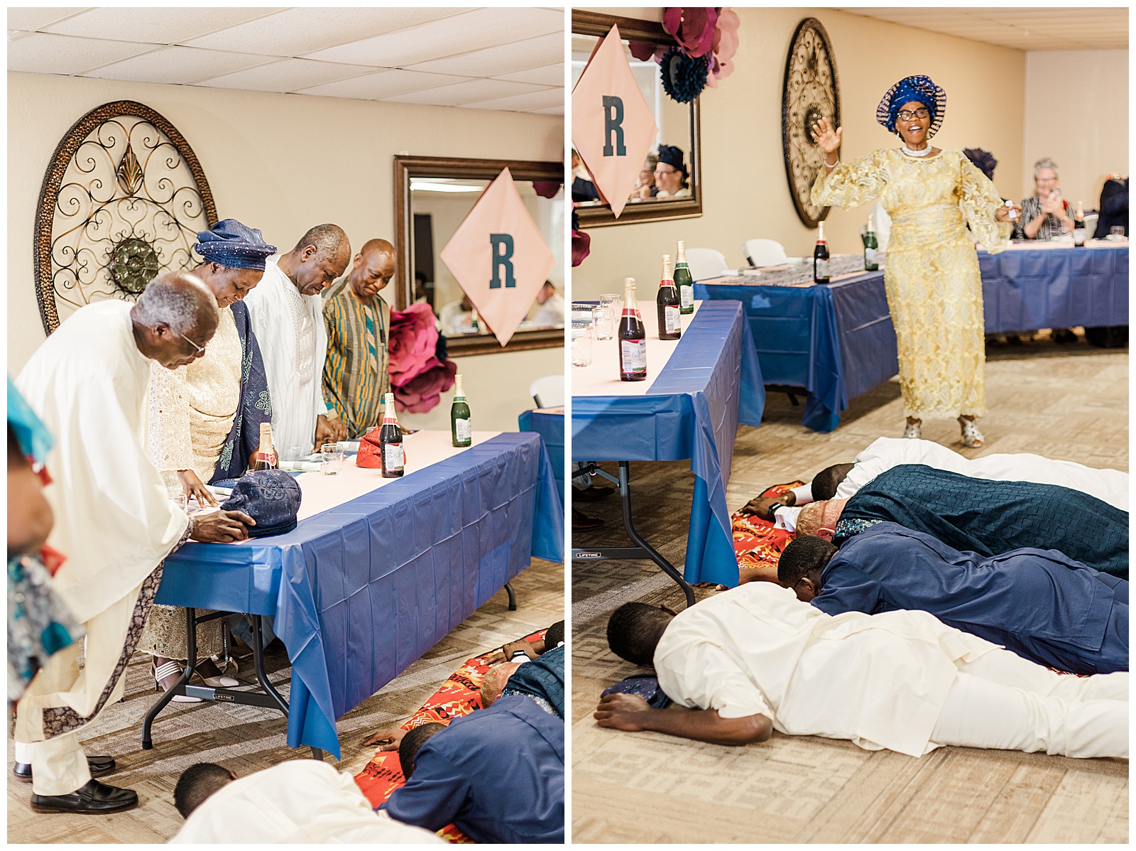 Groom paying obeisance to bride's family Nigerian reception